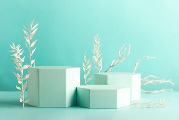Composition of different geometric objects on pastel mint backdrop. Abstract background with...