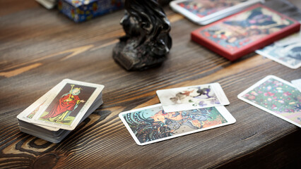 Tarot cards on the table, esoteric concept, fortune telling and predictions