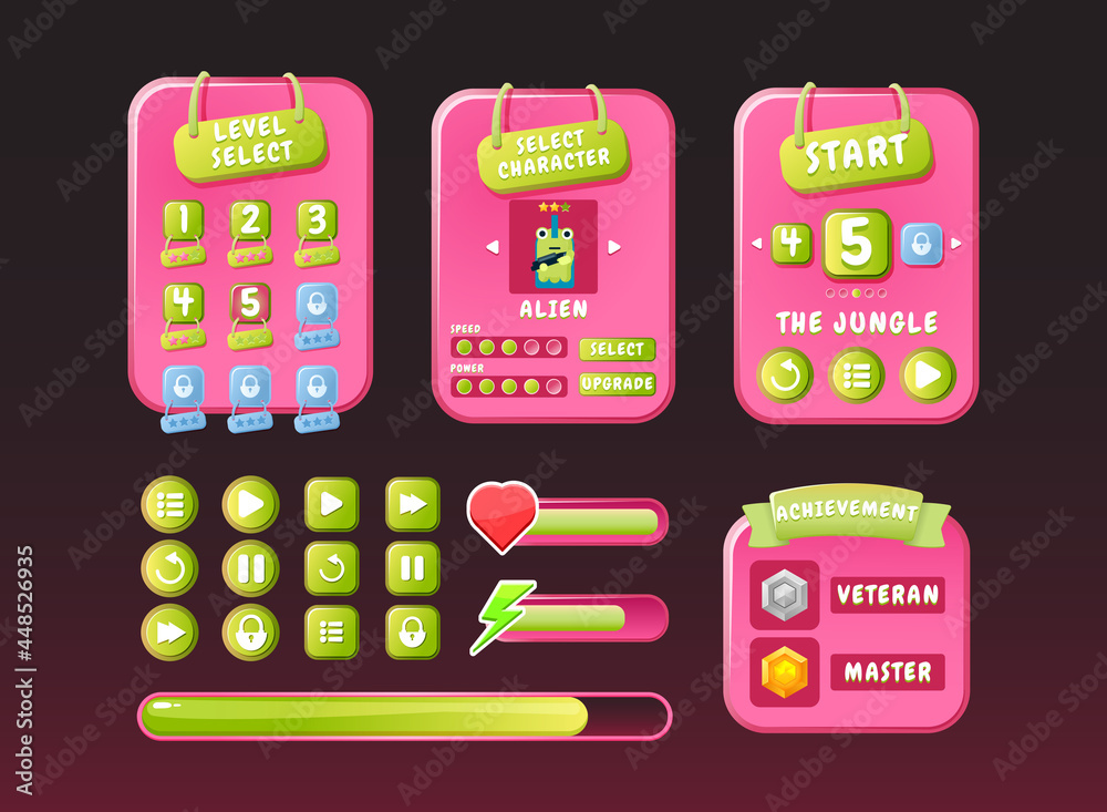 Wall mural game ui funny nature pink casual kit menu pop up interface with icon and progress bar