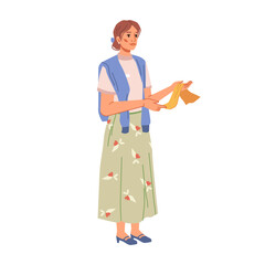 Casual woman in long skirt, blouse choosing fabric or cloth isolated flat cartoon character. Vector middle age lady on shopping, fashion elegant lady side view