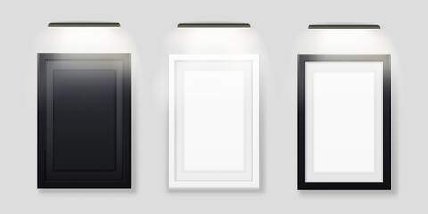 Photo frames with led backlit template. Black and white blank picture with illuminated lamp from top set of interior banners for vector gallery.
