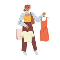 Buyer woman choosing perfect look, cloth on hangers in hands isolated flat cartoon character. Vector shopping lady in clothing store mall, buyer in shop. Girl shopper going to try on red dress