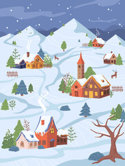 New Year Christmas rural village scenery, cottages and trees in snow, flat cartoon design. Vector mountains and starry sky, houses with garlands, fence, pathways and reindeer, countryside background