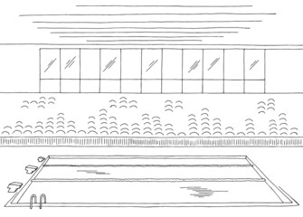 Swimming pool interior graphic black white sketch illustration vector 