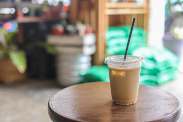Iced Espresso coffee , clear plastic cup.