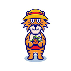 cute tiger farmer cartoon animal holding a carrot basket