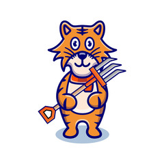 cute tiger farmer cartoon animal holding a farmer's fork