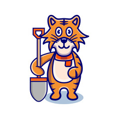 cute tiger cartoon animal holding a shovel