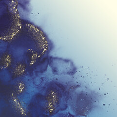 Blue abstract fluid art painting in alcohol ink technique. Mixture of colors with waves and golden swirls. For posters, backdrop.