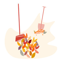 Autumn gardening jobs, yard work vector flat illustration. Raking dry leaves, make compost, soil care. Fall Garden. Seasonal yard clean up 