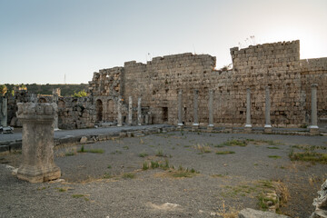 Fototapeta premium Ruins of the Ancient city of Perge. one of the Pamphylian cities and was believed to have been built in the 12th to 13th centuries BC. Air view, Antalya province, Turkey.