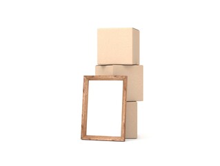 Vertical Wooden Frame Mockup standing near large cardboard boxes, 3d rendering