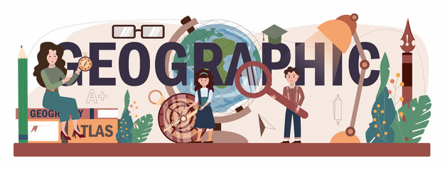 Geographic typographic header. Students learning the lands