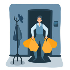 A tired man carrying heavy bags with purchases in both hands, suffering. A boy bought a lot of groceries. A customer came home. A vector cartoon illustration.
