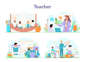 Teacher concept set. Professor giving a lesson online or in a classroom.