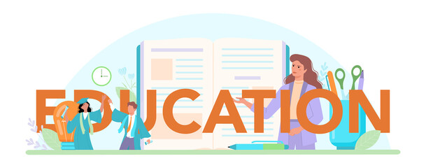 Education typographic header. Teacher giving a lesson online