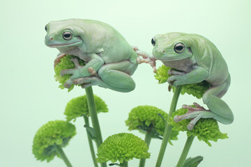 Two dumpy frogs (Litoria caerulea) resting on a wildflower. 