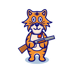 cute tiger cartoon animal holding a shotgun