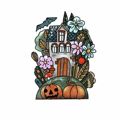 Happy Halloween card with cute littlr house, pumpkin, bat.