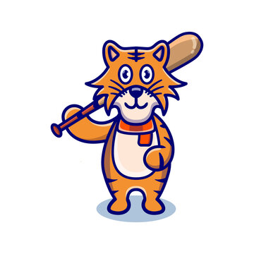cute tiger cartoon animal holding a baseball bat