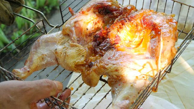 Whole juicy with spices grilled chicken tabaka or tapaka at summer picnic