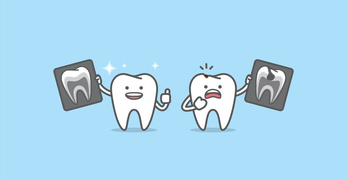 Dental cartoon of X-ray with Tooth characters compare good and bad condition illustration cartoon character vector design on blue background. Dental care concept.