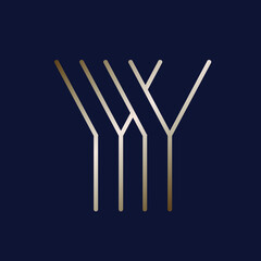 YY monogram logo.Letter y typographic icon.Lettering sign isolated on dark background.Alphabet initials.Modern, design, luxury, beauty, decorative lines style.Gold color.	