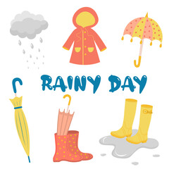 Rainy day set with umbrella, boots, raincoat and clouds with raindrops. 