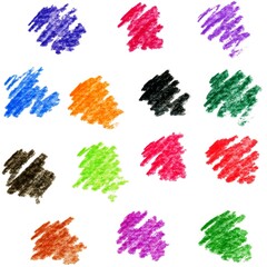 Set of colored abstract spots with texture, colored pencils on a white background, strokes