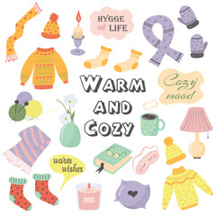Autumn or winter cozy cute things and objects. Warm and cozy. Cozy and comfortable lifestyle. Flat style hand drawn elements.