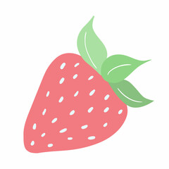 Hand drawn pink strawberry doodle with lettering, leaves isolated on a white background. Juicy summer berries for the design of stickers, menu posters. Vector flat illustration. Vector illustration