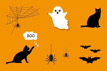 Fototapeta na wymiar Set for Halloween. Ghost, cobweb, bat, mouse and cat. Vector graphics