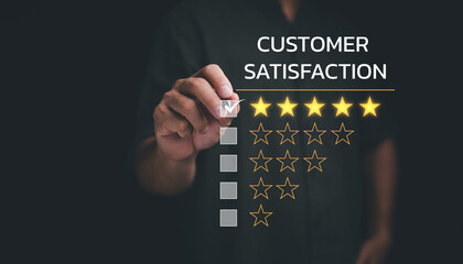 Businessman giving rating with 5 star, Customer service and Satisfaction ,Business people man giving Feedback via the Internet. Positive Review. Client Satisfaction Surveys - obrazy, fototapety, plakaty