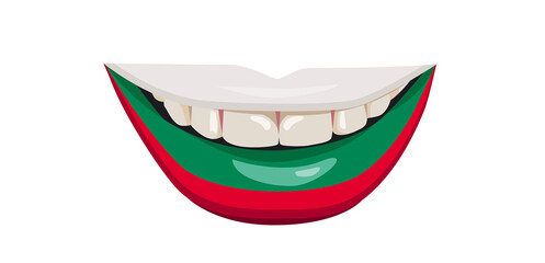 The flag of Bulgaria on the lips. A woman's smile with white teeth. Vector illustration.