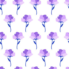Seamless pattern with cute violet flat flower. Hand drawn vector illustration on white background. Texture for print, fabric, textile, wallpaper.