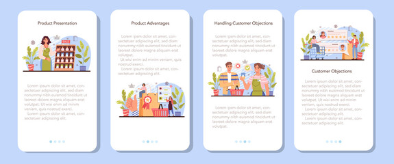 Product presentation mobile application banner set. Entrepreneur presenting