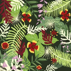 Gordijnen Tropische Bladeren Kleurrijk bloemenpatroon op donkergroene achtergrond, gouache  © Elena