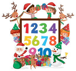 Number 0 to 9 on banner with many kids in christmas theme