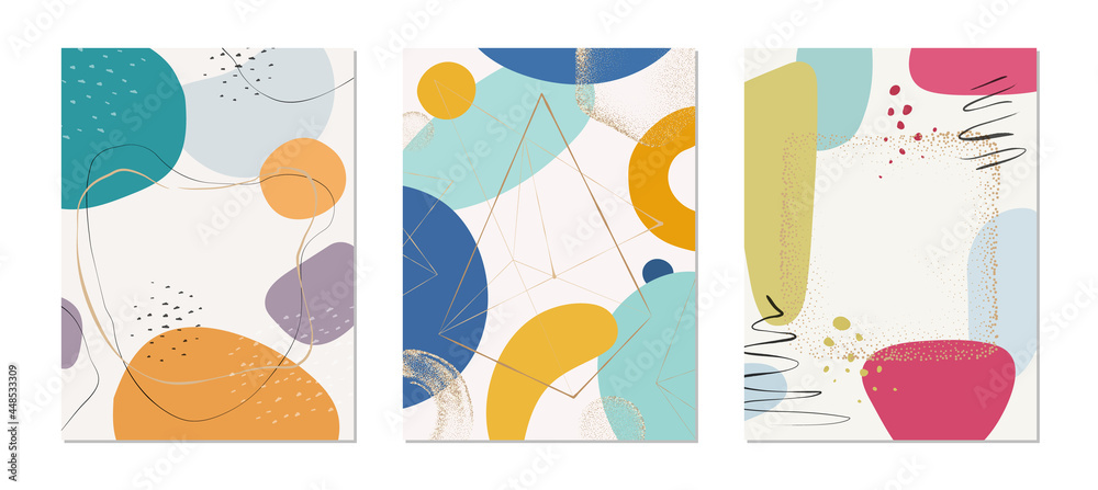 Poster posters and cover pages design set, isolated abstract composition with liquid shapes and brushes, gl