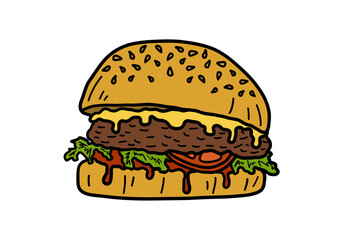 Burger icon. Hamburger or sandwich colorful sketch. Fast food concept. Vector illustration.