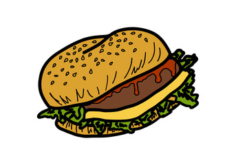 Burger icon. Hamburger or sandwich colorful sketch. Fast food concept. Vector illustration.