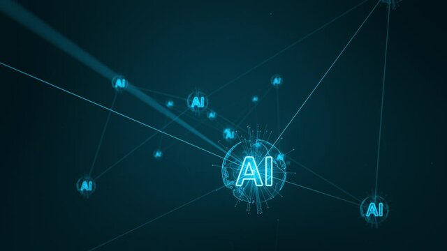 Motion graphic of Blue digital AI icon and futuritic earth sphere network connection abstract background concept camera zoom out seamless loop video