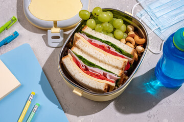 Healthy lunch box with sandwich and fresh fruits and nuts for school lunch