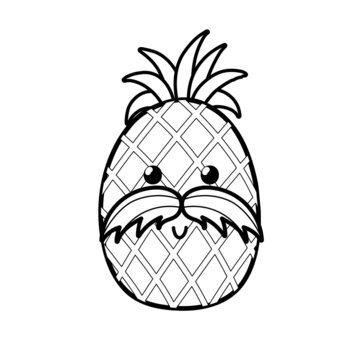 Cute black and white pineapple with mustache. Summer coloring page for kids. Cartoon fruit character. Vector illustration