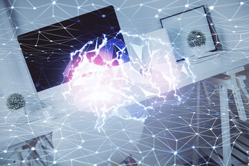 Multi exposure of brain drawing and office interior background. Concept of data technology.
