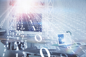 Multi exposure of data theme drawing and office interior background. Concept of technology.