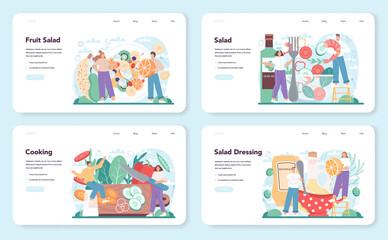 Fresh salad web banner or landing page set. Peopple cooking organic