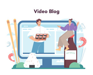 Sushi chef online service or platform. Restaurant chef cooking rolls