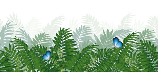 Seamless pattern with tropical leaves and blue butterflies. horizontal image for printing on fabric, wallpaper, postcards, stationery.
