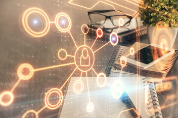 Double exposure of social network theme drawing and cell phone background. Concept of people connection over the world